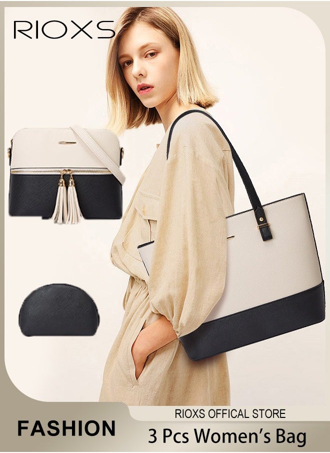 RIOXS 3 pcs Women Fashion Color Clash Bags Large Capacity Satchel Purses for Women Vintage Printing Shoulder Tote Bags and Handbags  - Image 1