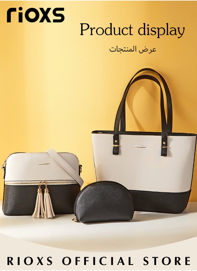 RIOXS 3 pcs Women Fashion Color Clash Bags Large Capacity Satchel Purses for Women Vintage Printing Shoulder Tote Bags and Handbags  - Image 5
