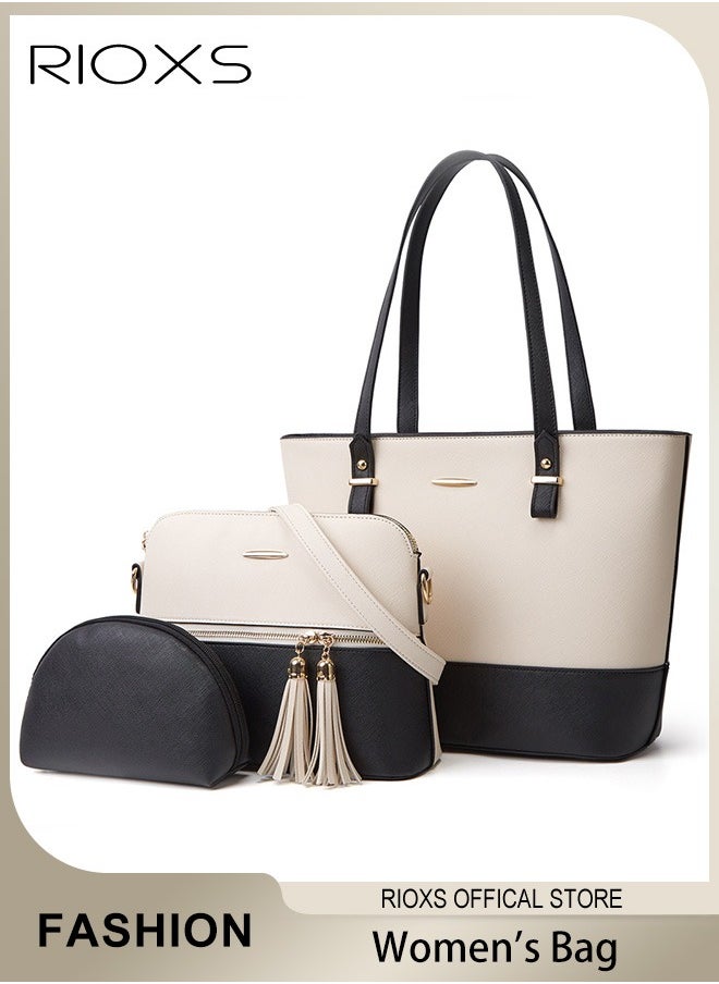 RIOXS 3 pcs Women Fashion Color Clash Bags Large Capacity Satchel Purses for Women Vintage Printing Shoulder Tote Bags and Handbags  - Image 3