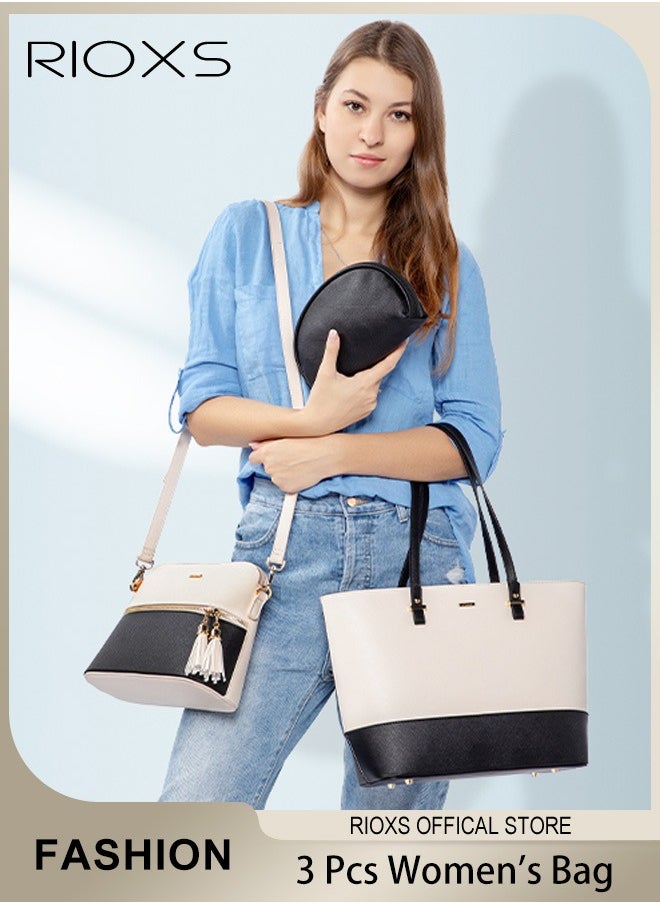 RIOXS 3 pcs Women Fashion Color Clash Bags Large Capacity Satchel Purses for Women Vintage Printing Shoulder Tote Bags and Handbags  - Image 2