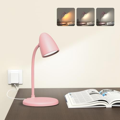 RORENSE LED Desk Lamp for Home Office,3 Light Colors, Table Lamp,Dimmable Reading Light for Bedside Small Desk Lamp for College Dorm Room,Bedroom Desk Light Pink - Image 1