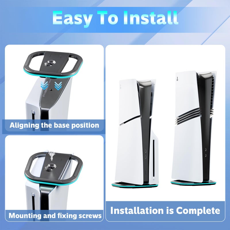 Honcam حامل عمودي HONCAM لجهاز PS5/PS5 Slim/Playstation 5 Pro، حامل عمودي لجهاز Playstation 5 مع 7 أضواء RGB ومسمار، أسود - Image 4