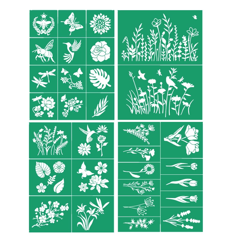 JAJADO Wild Flower Stencils 4pcs Self Adhesive Silk Screen Stencils Rose Flower Animal Plant Spring DIY Stencils for Painting on Wood TShirt Chalkboard Wall Canvas Home Decor