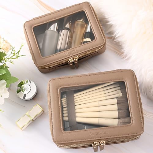 Aveniee Large Clear Makeup Bags, Double Layer Cosmetic Bags with Separate Brush Compartment,Travel Toiletry Bag Train Case,Travel Accessories Organizer for Women,2 Layers,Brown - Image 5