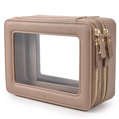 Aveniee Large Clear Makeup Bags, Double Layer Cosmetic Bags with Separate Brush Compartment,Travel Toiletry Bag Train Case,Travel Accessories Organizer for Women,2 Layers,Brown - Image 1