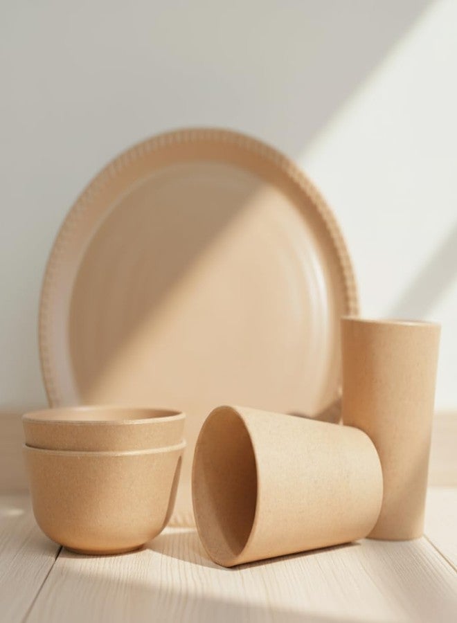 Pacing Grass Microwave Safe Reusable Bamboo Kids Dinner Set (Plates, Bowls-180ml, Kullad-160ml, Spoons) for Toddlers & Kids, Eco-Friendly Bamboo Bio-Composite Dinner Set for Serving Full Meal at Home - Image 1