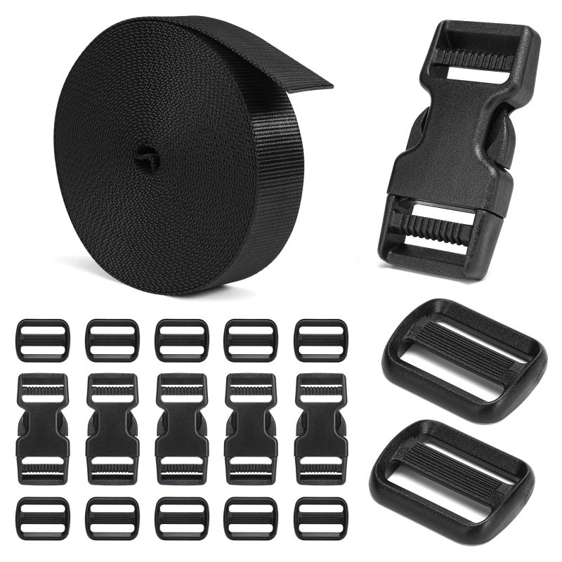 BEYOURD Buckles and Straps Set 1": 6 Yards of Thick Nylon Webbing, 6-Pack Heavy Duty Adjustable Quick Side Release Plastic Buckles, 12 Tri-Glide Slide Clips, Black (1-Inch Combo Set) - Image 1