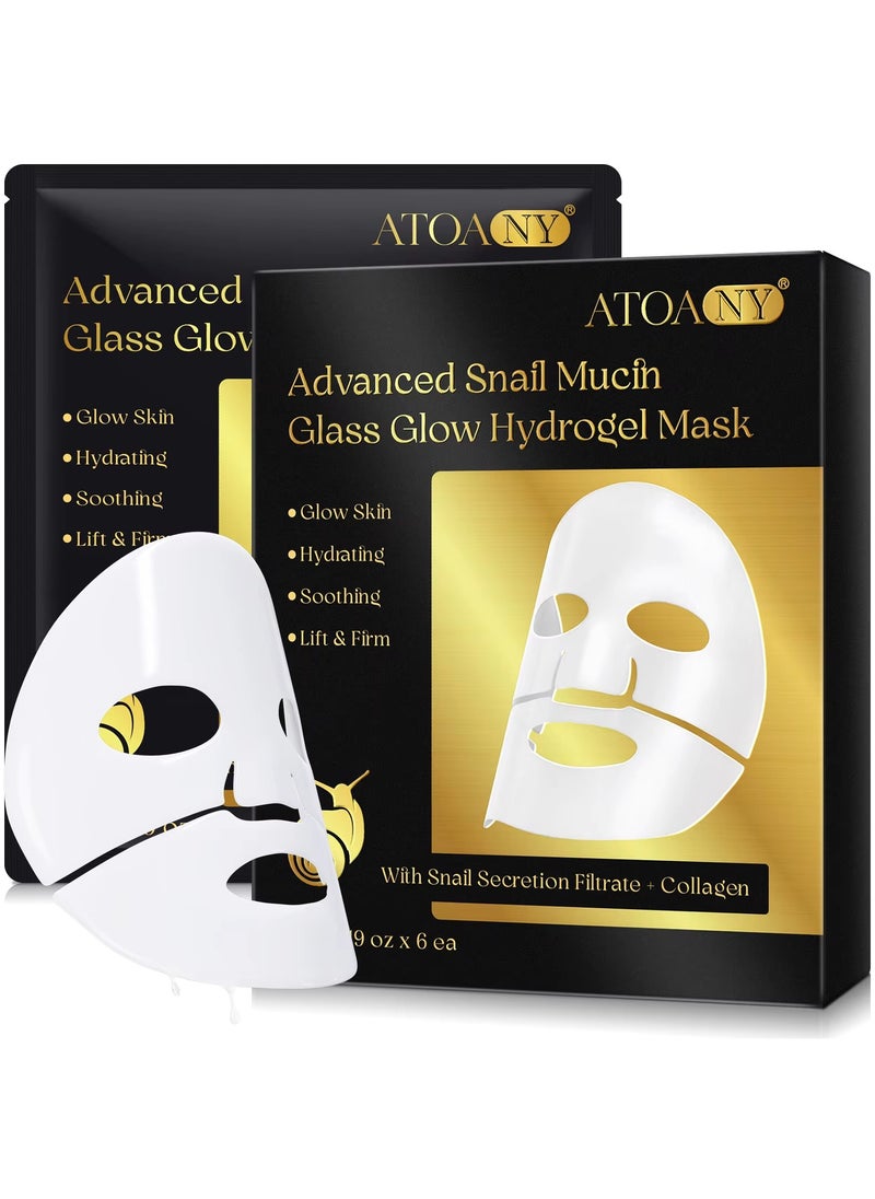 ATOANY 6Pcs Snail Mucin Glass Glow Hydrogel Face Masks Skincare Snail Mucin and Collagen Face Mask Deep Hydrating Firming Lifting Soothing for Women and Men Glass Skin Collagen Facial Mask Sheet  - Image 1