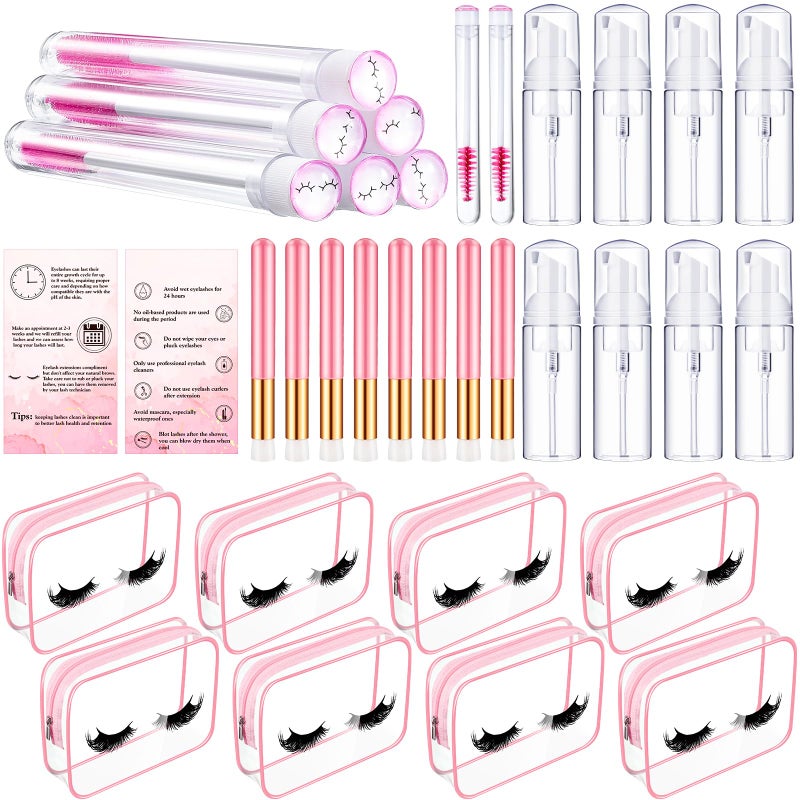 8 Pcs Lash Shampoo Brushes Set Eyelash Aftercare Bag Disposable Mascara Tubes Foam Pump Bottle Extension Aftercare Instructions Cards Eyelash Accessories for Women Mothers GiftClear Bag PVC