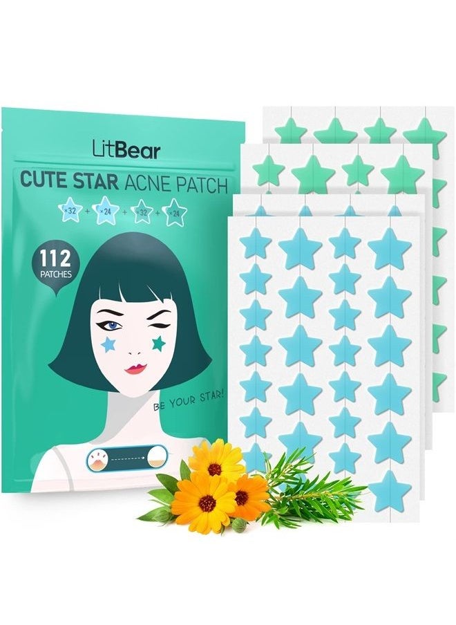 LitBear Star-Shaped Pimple Patch Hydrocolloid Acne Stickers with Tea Tree Oil + Salicylic Acid, Cover Dot for Acne Blemish, Pimples, Whiteheads, Zit, Draw out Oil & Impurities, 112 Dots, 14mm & 10mm  - Image 1