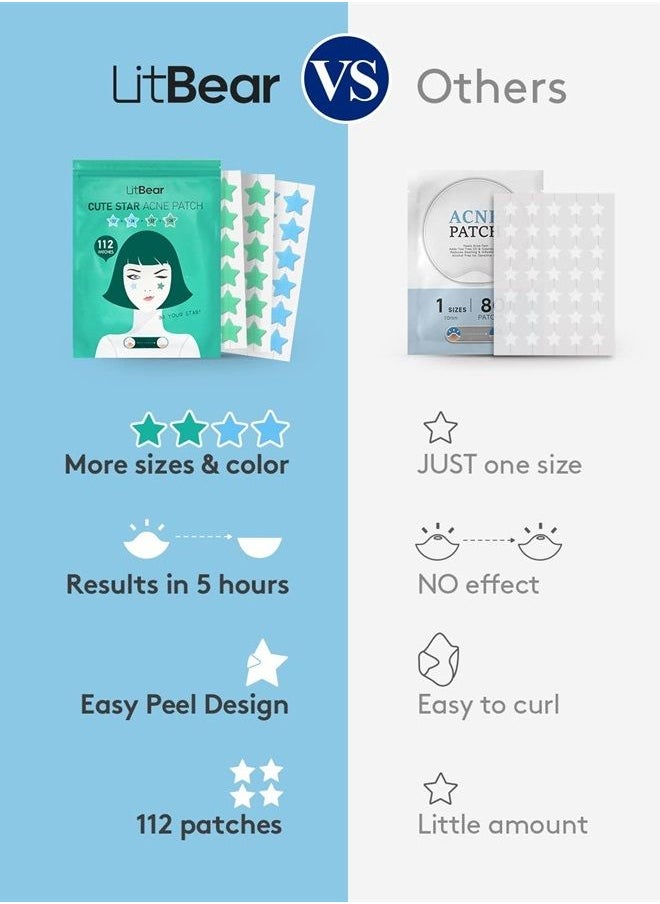 LitBear Star-Shaped Pimple Patch Hydrocolloid Acne Stickers with Tea Tree Oil + Salicylic Acid, Cover Dot for Acne Blemish, Pimples, Whiteheads, Zit, Draw out Oil & Impurities, 112 Dots, 14mm & 10mm  - Image 4