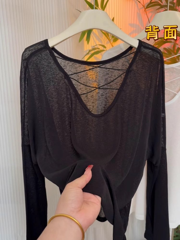 Long-Sleeved T-Shirt For Women Early Autumn Design Niche Thin Backless Cross Top Bottoming Shirt Inner Wear - Image 2