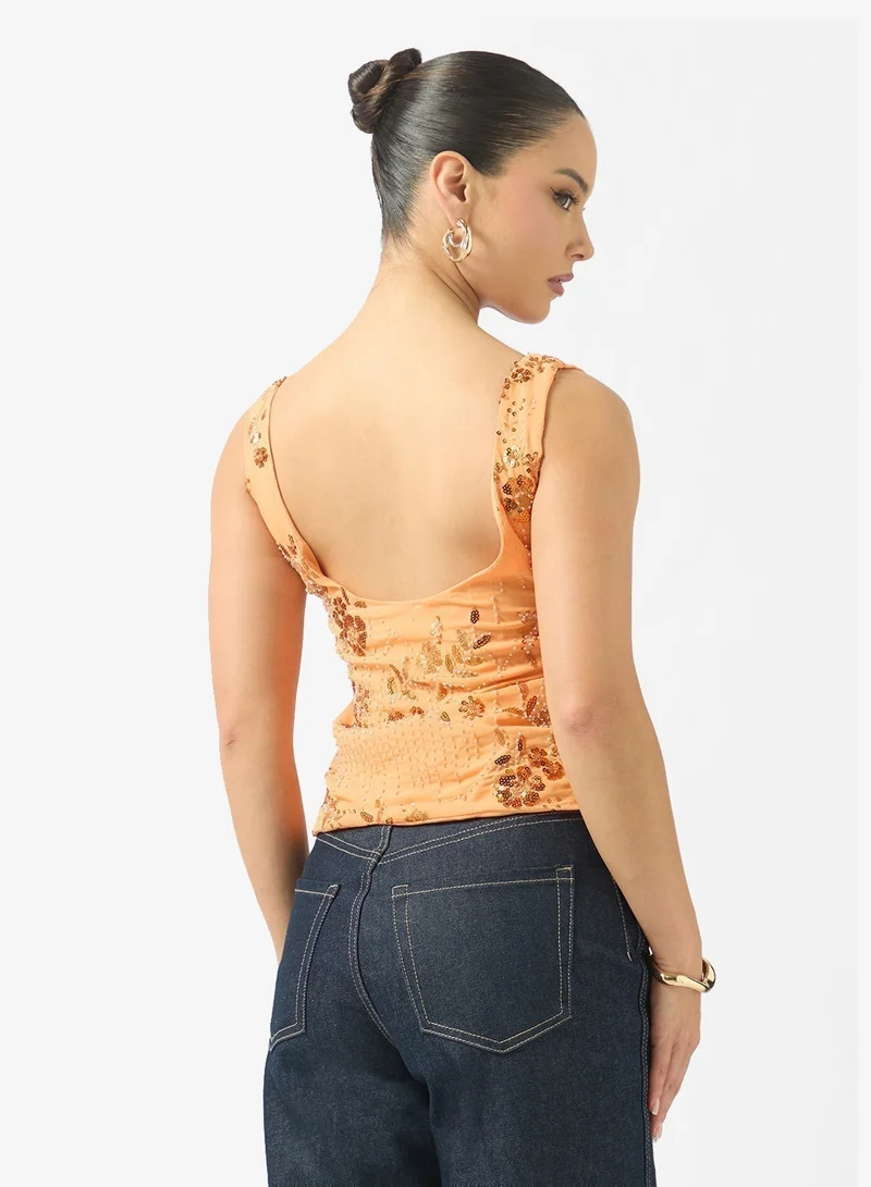 Ginger Square Neck Sequin Embellished Top