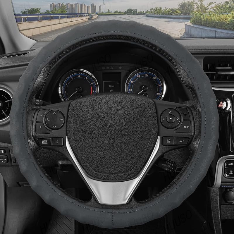 HUUSO Grey Microfiber Leather Steering Wheel Cover, Finger Grip Design, Breathable, Anti-Slip, Odorless, Compatible with Maruti Suzuki Jimny (2023) - Image 1