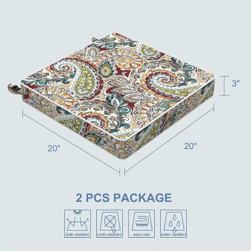 LVTXIII Outdoor Chair Cushions 20x20x3 Inch, Square Water-Repellent Patio Seat Cushions with Ties & Hidden Zipper, 2 Pack Thick Foam Chair Pads for Garden Furniture, Vibrant Paisley - Image 3