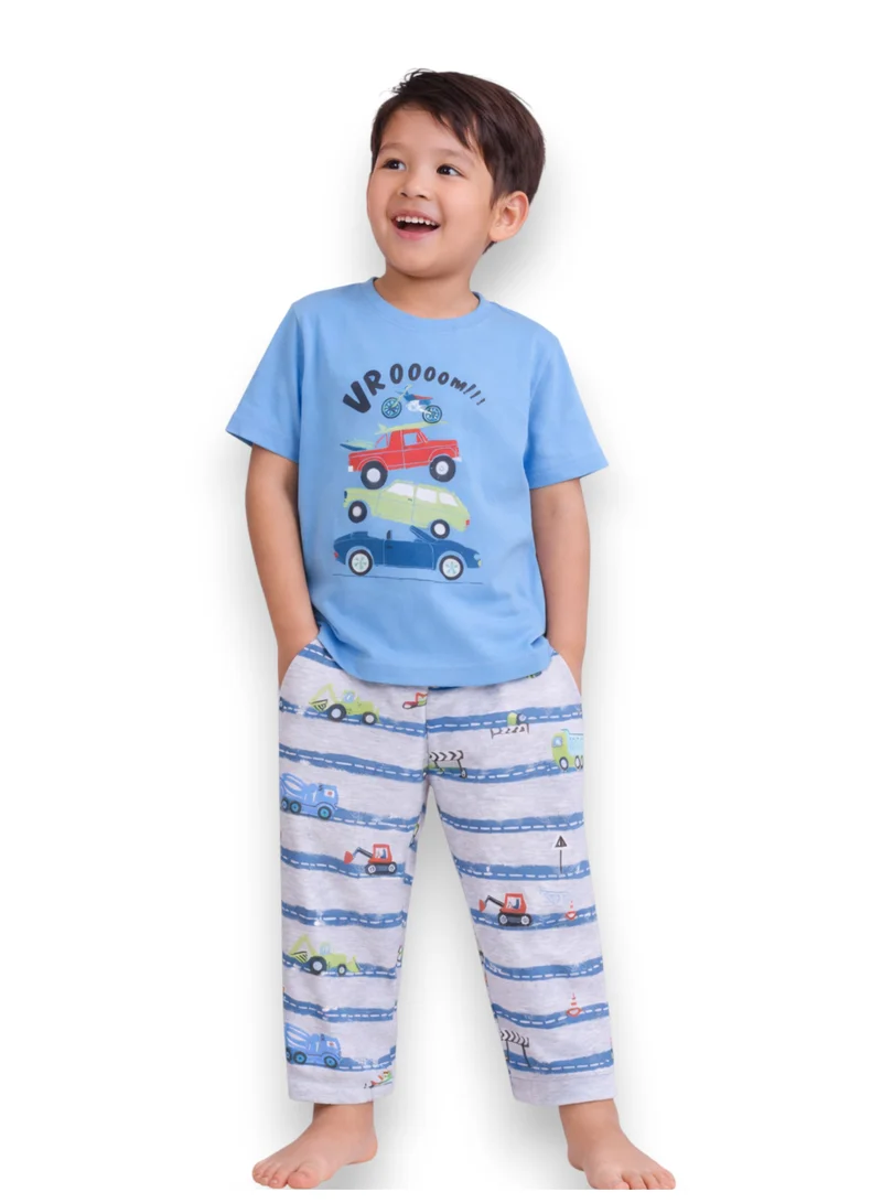 فكتور اند جين Boys Car Print Cotton Pajama Set – T-Shirt & Full Pants Nightwear