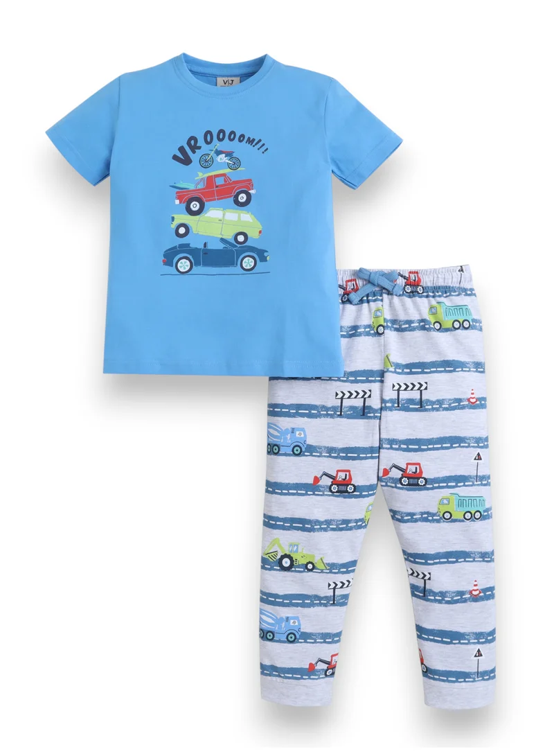 فكتور اند جين Boys Car Print Cotton Pajama Set – T-Shirt & Full Pants Nightwear