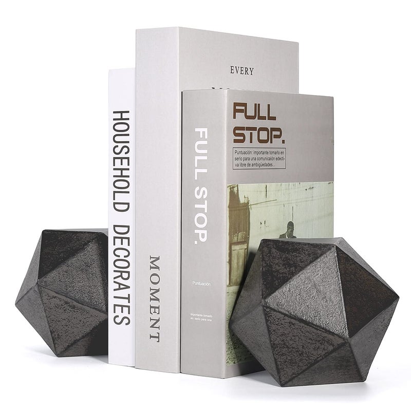 Ambipolar Geometric Decorative Ball Shaped Bookends Modern Cast Iron Black Bookends for Office Desk Book Shelf Room Decor Home Office Book Stand or Organizer Set of 2 Antique Black