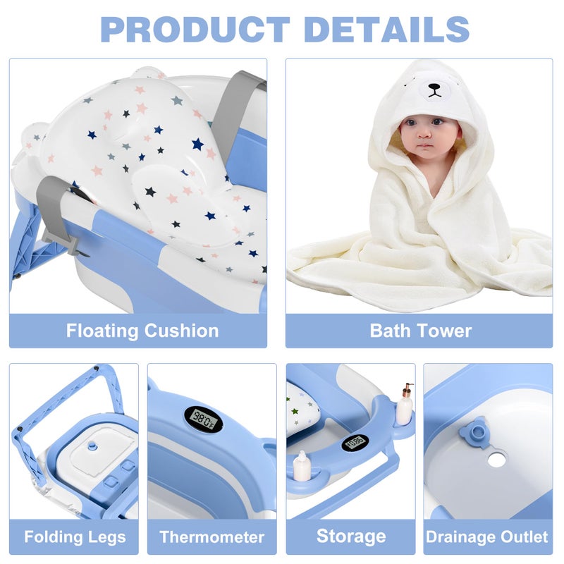 MoreFeel Collapsible Baby Bathtub for Newborn with Thermometer & 1 Hooded Towel & 1 Soft Floating Cushion,Portable Travel Bathtub with Drain Hole, Durable Foldable Baby Tubs for Infants to Toddler - Image 4
