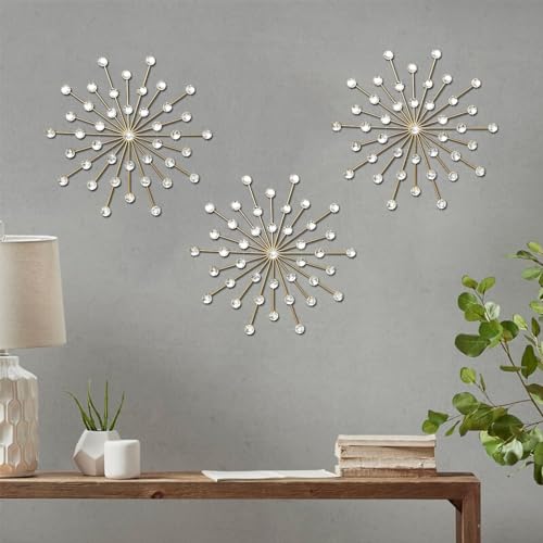 ZEXUIRU ZEXUIRU 3 Set Gold Metal Jeweled Wall Art Bling Crystal Home Dcor Star Sun Rhinestone Wall Hanging Diamond Accents 