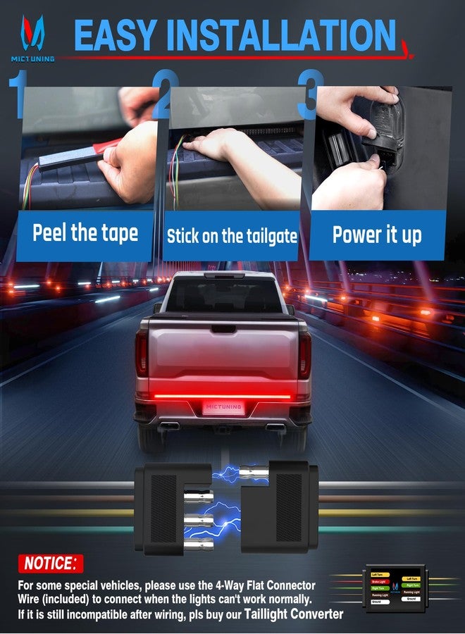 MICTUNING 60 inches Red Sequential Turn Signal Brake Running White Reverse Lights, Triple Row 504 LEDs Tailgate Strip Light Waterproof for Ford F150/RAM 2500 - Image 5