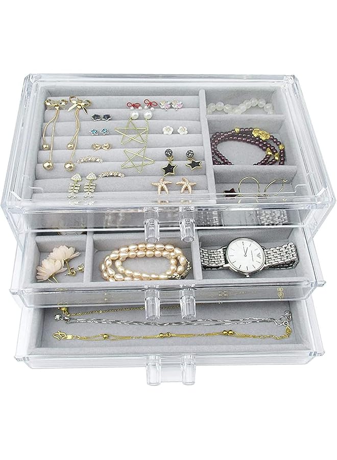 The Bros Acrylic Jewelry Organizer Box with 3 Drawers, Earring Jewelry Organizer Clear Jewelry Box for Women, Detachable Velvet Jewelry Display Case for Earring, Rings, Necklace Display Holde - Image 1