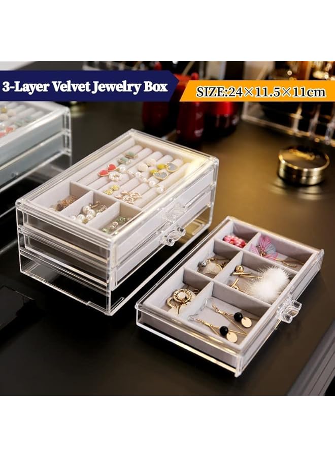 The Bros Acrylic Jewelry Organizer Box with 3 Drawers, Earring Jewelry Organizer Clear Jewelry Box for Women, Detachable Velvet Jewelry Display Case for Earring, Rings, Necklace Display Holde - Image 2
