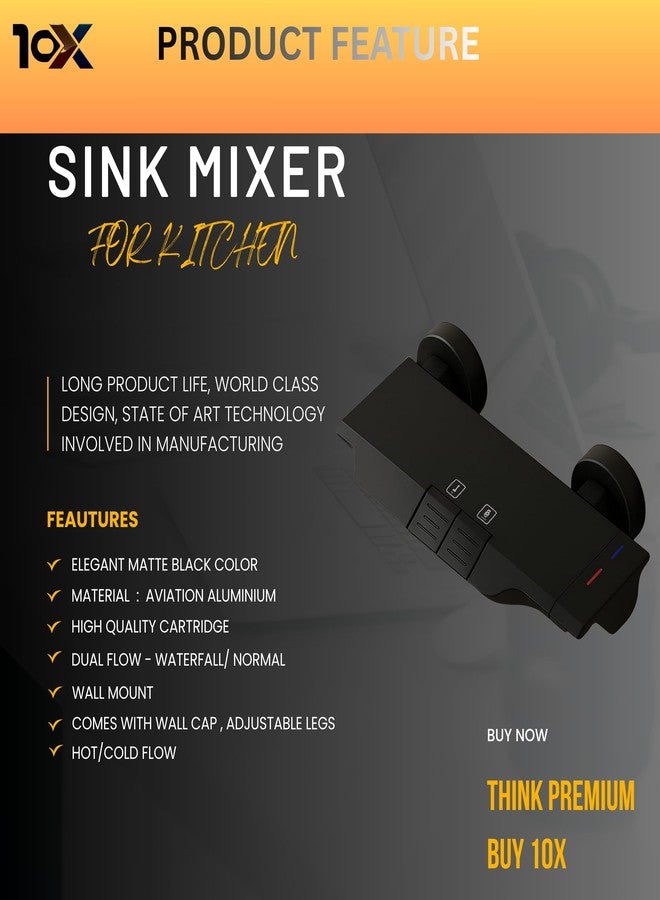 10X Matte Black Sink Mixer Faucet ZH-3019W | Hot & Cold | Piano Key Controls | Dual Flow (Waterfall & Normal) | Modern Flat Design - Image 2