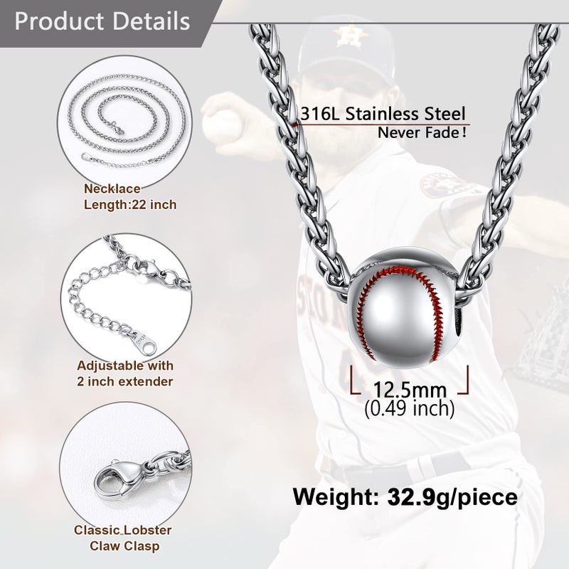 U7 Baseball Chains for Men Stainless Steel Round Ball Pendant Sport Softball Necklace Steel 22" - Image 5