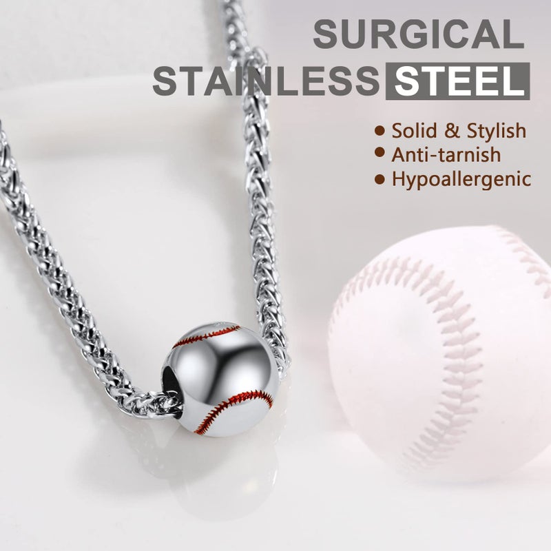 U7 Baseball Chains for Men Stainless Steel Round Ball Pendant Sport Softball Necklace Steel 22" - Image 4
