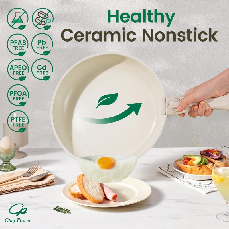 Chef Power Ceramic Cookware Set Non Toxic with Detachable Handles, Healthy Nonstick Pans and Pots Set 19 Pcs, Induction Dishwasher Oven Safe Kitchen Set, PFAS PFOA & PTFE Free, Cream White - Image 4