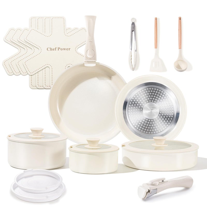 Chef Power Ceramic Cookware Set Non Toxic with Detachable Handles, Healthy Nonstick Pans and Pots Set 19 Pcs, Induction Dishwasher Oven Safe Kitchen Set, PFAS PFOA & PTFE Free, Cream White - Image 1