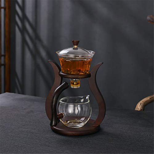 Aoheuo Lazy Kungfu Glass Tea Set Water Diversion Rotating Cover Bowl Semi-Automatic Glass Teapot Suit (Wooden) - Image 2