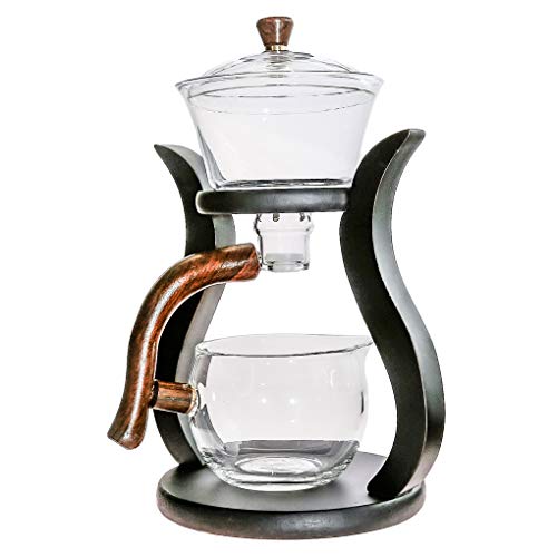 Aoheuo Lazy Kungfu Glass Tea Set Water Diversion Rotating Cover Bowl Semi-Automatic Glass Teapot Suit (Wooden) - Image 3