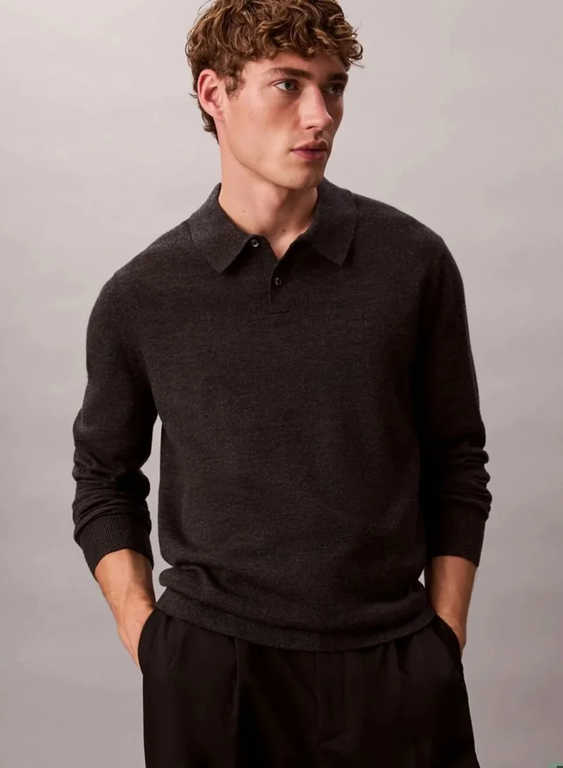 Calvin Klein GUNMETAL HTR Merino Polo Jumper for Men | Best Price UAE