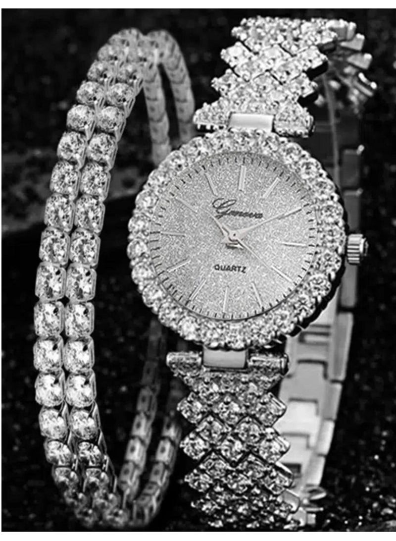 3-Piece Luxury Women’s Casual Set (Quartz Watch & Bracelets) With Roman Numeral Dial, Diamond-Inspired Details, - Image 3