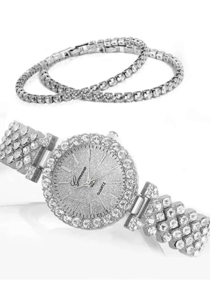 3-Piece Luxury Women’s Casual Set (Quartz Watch & Bracelets) With Roman Numeral Dial, Diamond-Inspired Details, - Image 1