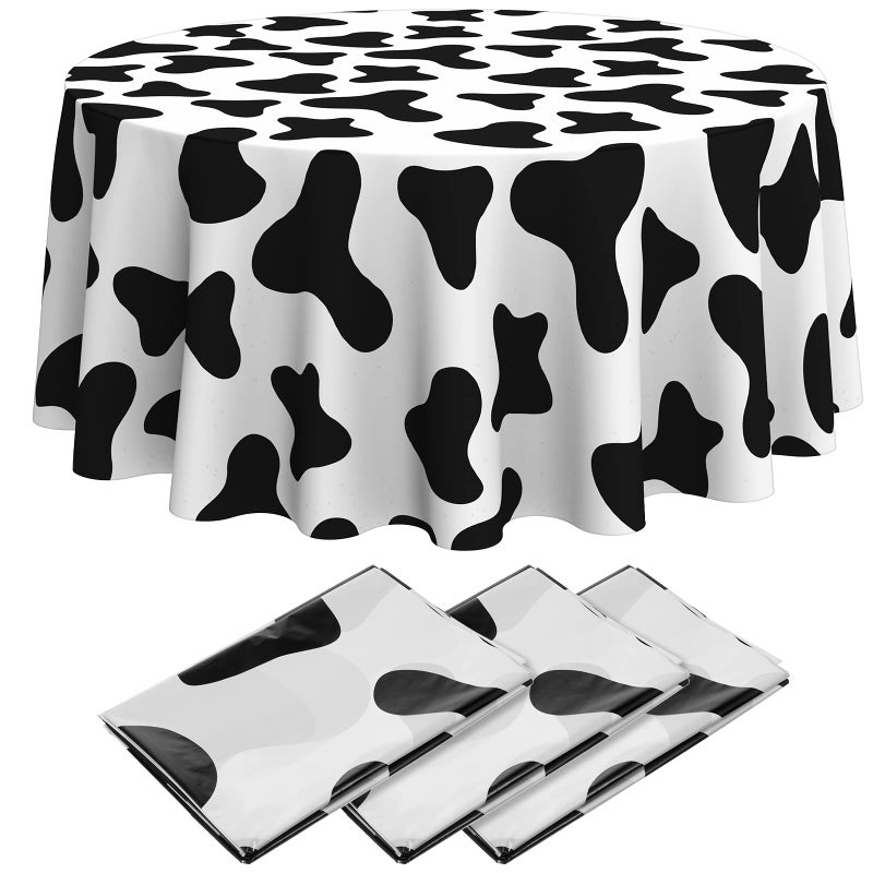 Remagr 3 Pcs Cow Tablecloth Round Print Table Cloths Plastic84 Disposable Cow Themed Table Cover for Farm Animal Birthday PartyPicnicFarmhouse Dining SuppliesBlack White