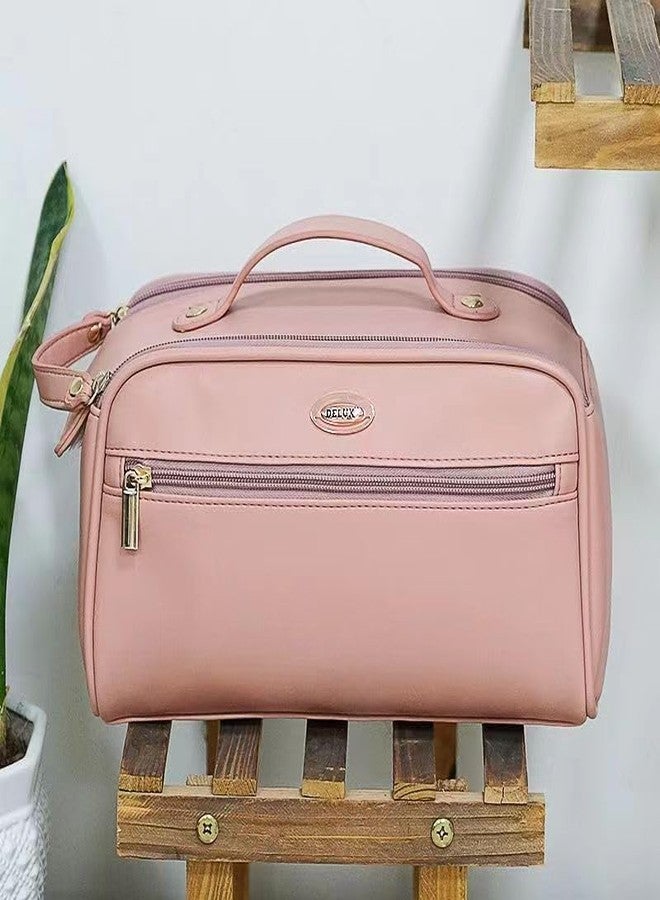 HIMART PU Leather Makeup Cosmetic Bag Travel Organizer for Women Waterproof Toiletry Bag with Multiple Pockets. (Ligth Peach) - Image 3