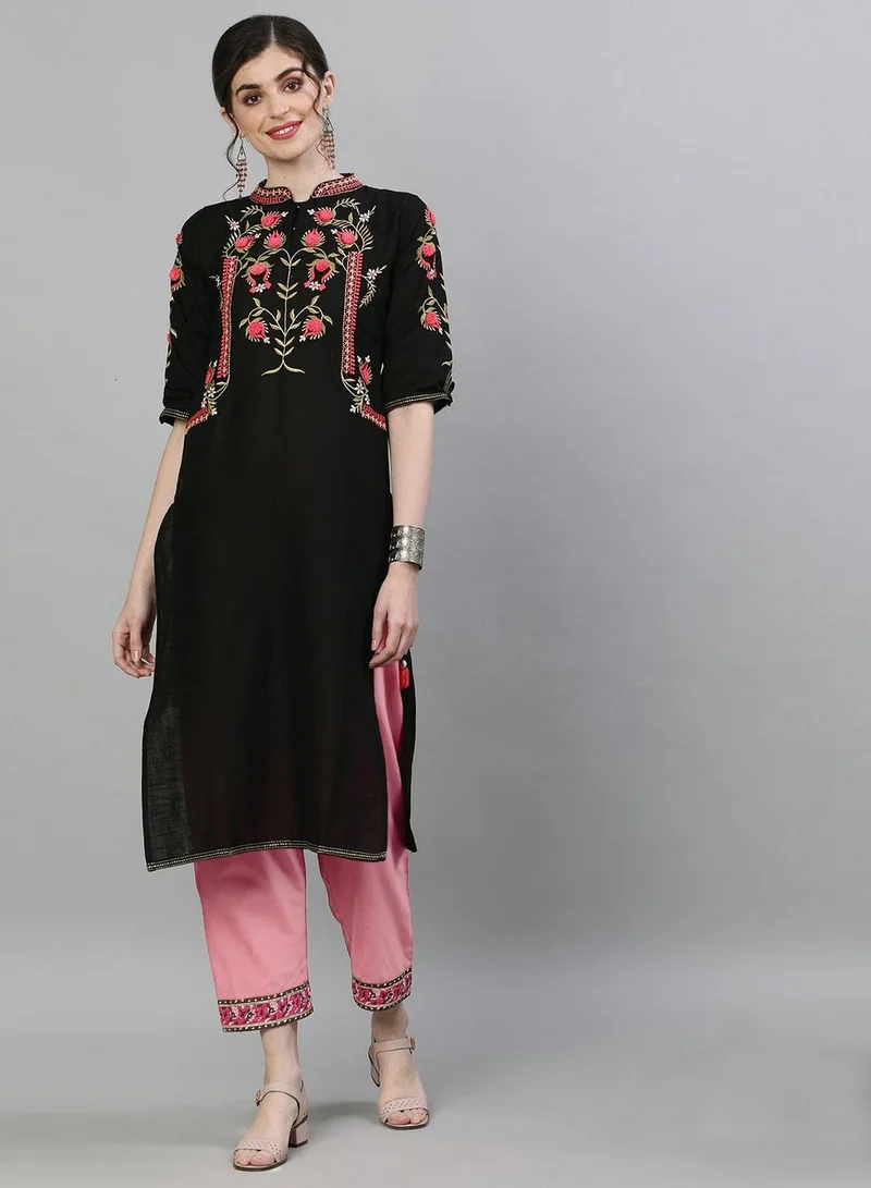 ISHIN Regular Fit Three-Quarter Sleeve Embroidered Black Cotton Woven Kurta Set For Women Flat Collar Perfect For Wedding And Engagement Pull On Closure
