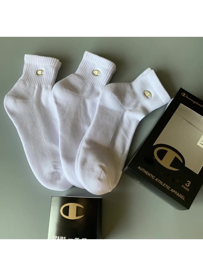 Champion Chao brand solid color pure cotton men's and women's socks thick towel bottom deodorant sweat-absorbent short socks casual running sports socks thin gold label embroidered socks (3 pairs, white mid-tube socks)  - Image 2