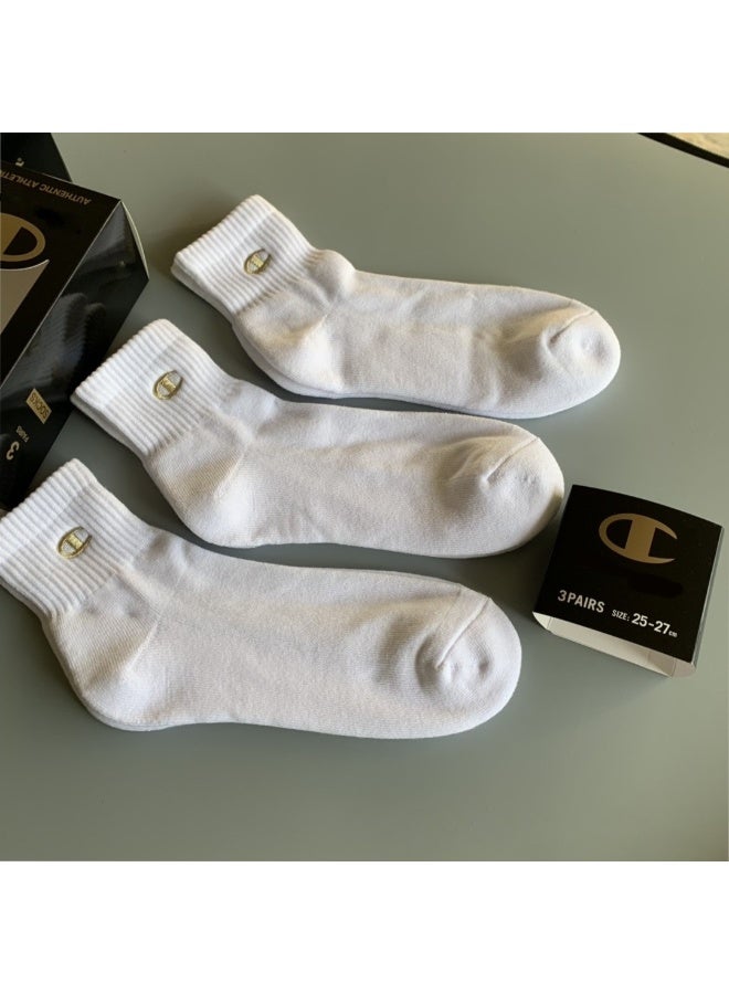 Champion Chao brand solid color pure cotton men's and women's socks thick towel bottom deodorant sweat-absorbent short socks casual running sports socks thin gold label embroidered socks (3 pairs, white mid-tube socks)  - Image 3