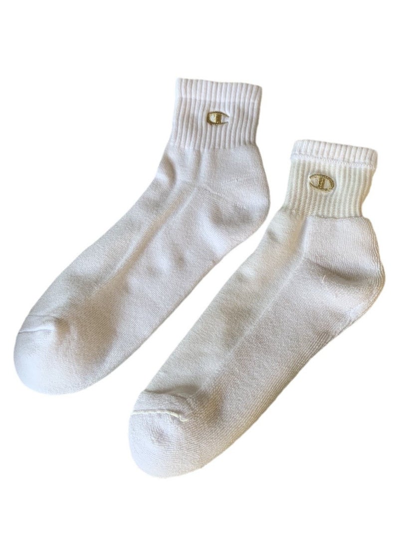 Champion Chao brand solid color pure cotton men's and women's socks thick towel bottom deodorant sweat-absorbent short socks casual running sports socks thin gold label embroidered socks (3 pairs, white mid-tube socks)  - Image 1