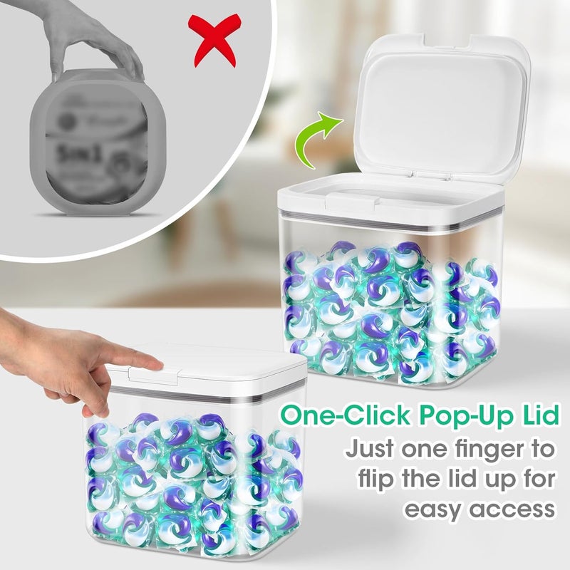 TBMAXS 2 Pack Laundry Pods Container with One-Click Pop-up Lid, 95 oz + 68 oz Laundry Room Detergent Storage Container for Laundry Powder, Scent Booster, Dryer Sheet, Dryer Ball, Dishwasher Pod Holder - Image 2