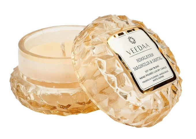 HIMALAYAN MAGNOLIA SANTAL CRYSTAL GLASS SOY SCENTED CANDLE BURNS 15 HOURS