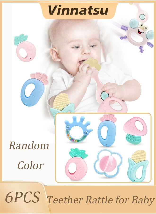 Vinnatsu Teether Rattle for Baby 6 PCS Set Toddler Toys Silicon Teether for Baby Toys 6 Months Shake Rattle Sensory Teether Early Development Learning Music Toy  - Image 1