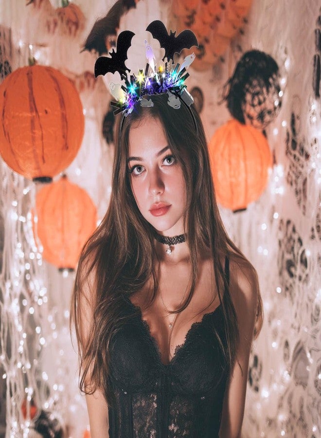 Gangel Light Up Halloween Headband Sparkling Bat Hairband Festive Costume Party Hair Accessories for Women (black-3) - Image 2