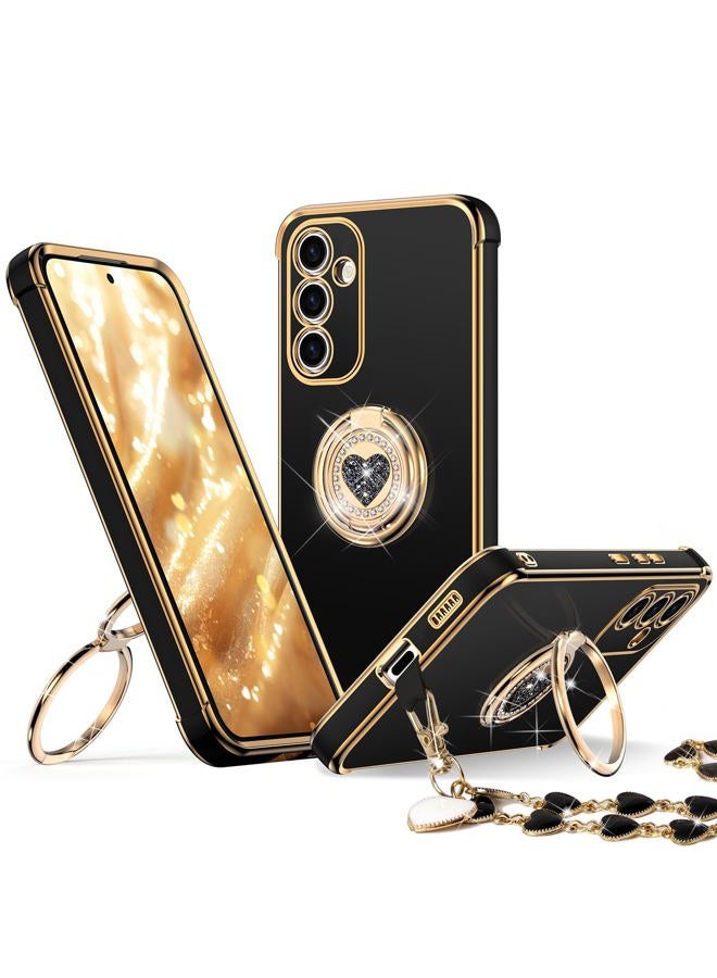 XYZ for Galaxy S24 Plus Case with Stand, Phone Case with Double Ring Kickstand,Women Girls Cute Love-Heart Luxury Bling Protective Cover for Samsung S24 Plus, Black - Image 1