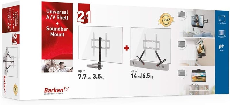 Barkan Universal Soundbar Mount & A/V Shelf, Adjustable Bracket for Mounting Above or Under The TV, Sizes 13-80 inch, Fits Most of Sound Bars Up to 14 lbs, Anti-Slip Clamp Black - Image 5