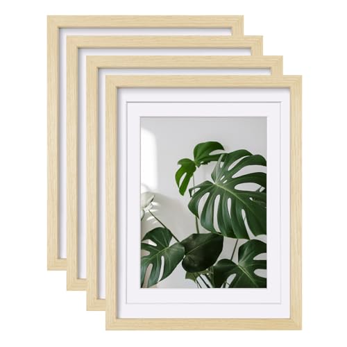 Egofine 12x16 Picture Frames Set of 4 Made of Solid Wood Covered by Plexiglass 9x12 and 11x14 with Mat or 12x16 without Mat for Table Top Display and Wall Mounting Photo Frame Oak Wood